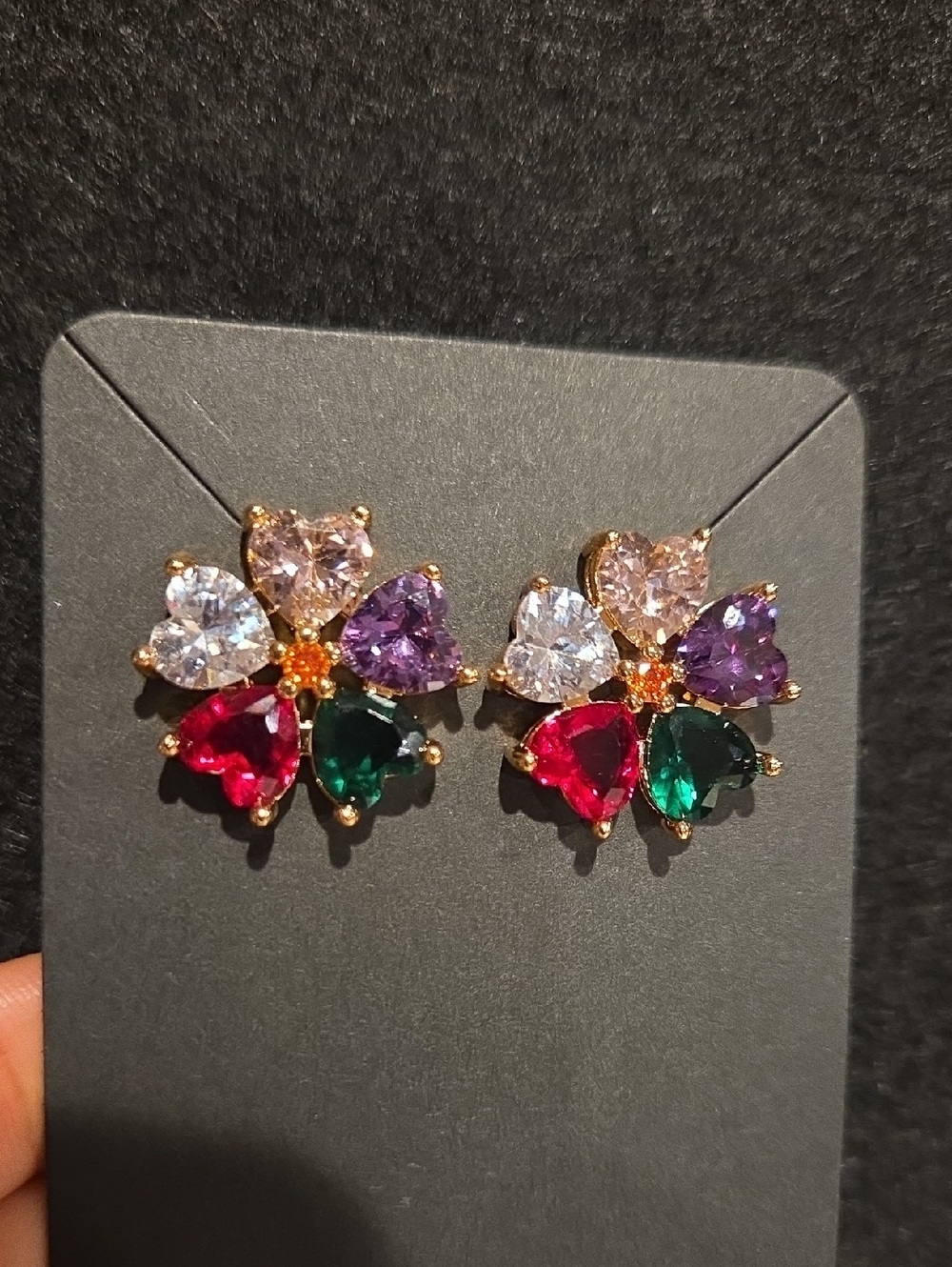 Multi-Gemstone Flower Stud Earrings - Gold Tone, Red Purple Green